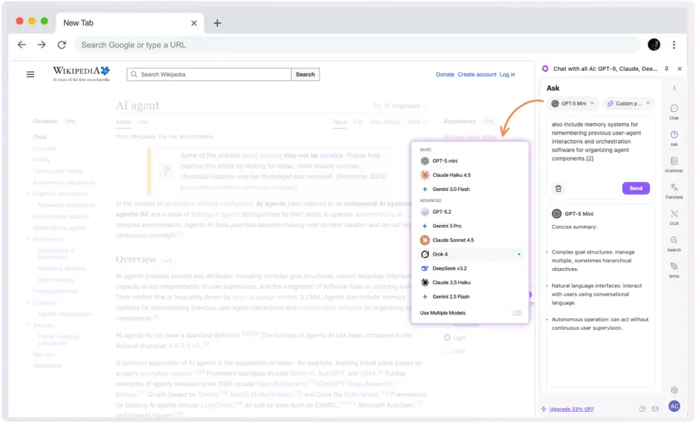Ask Chat GPT questions about the webpage inside Lexaside